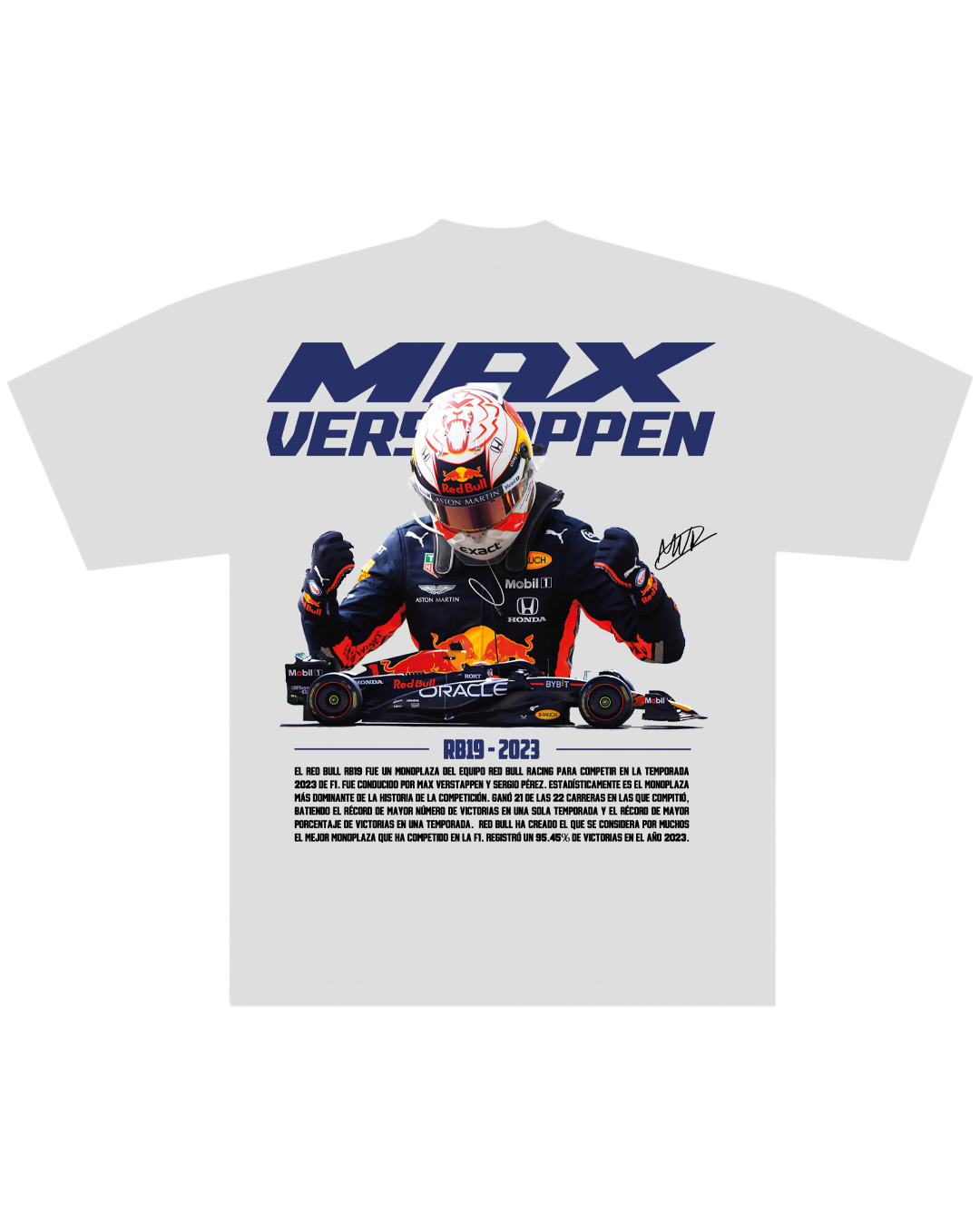 Polera Max Verstappen Campeón F1 Redbull RB19 Blanca Comfort