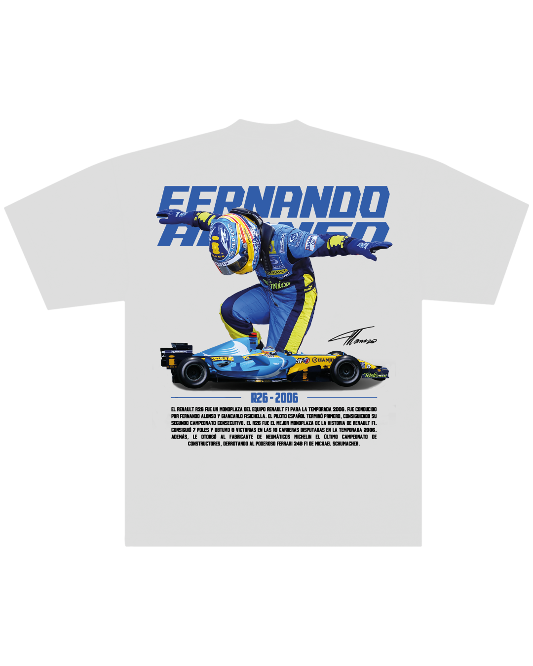 Polera Fernando Alonso Campeón F1 Renault R26 Blanca Comfort